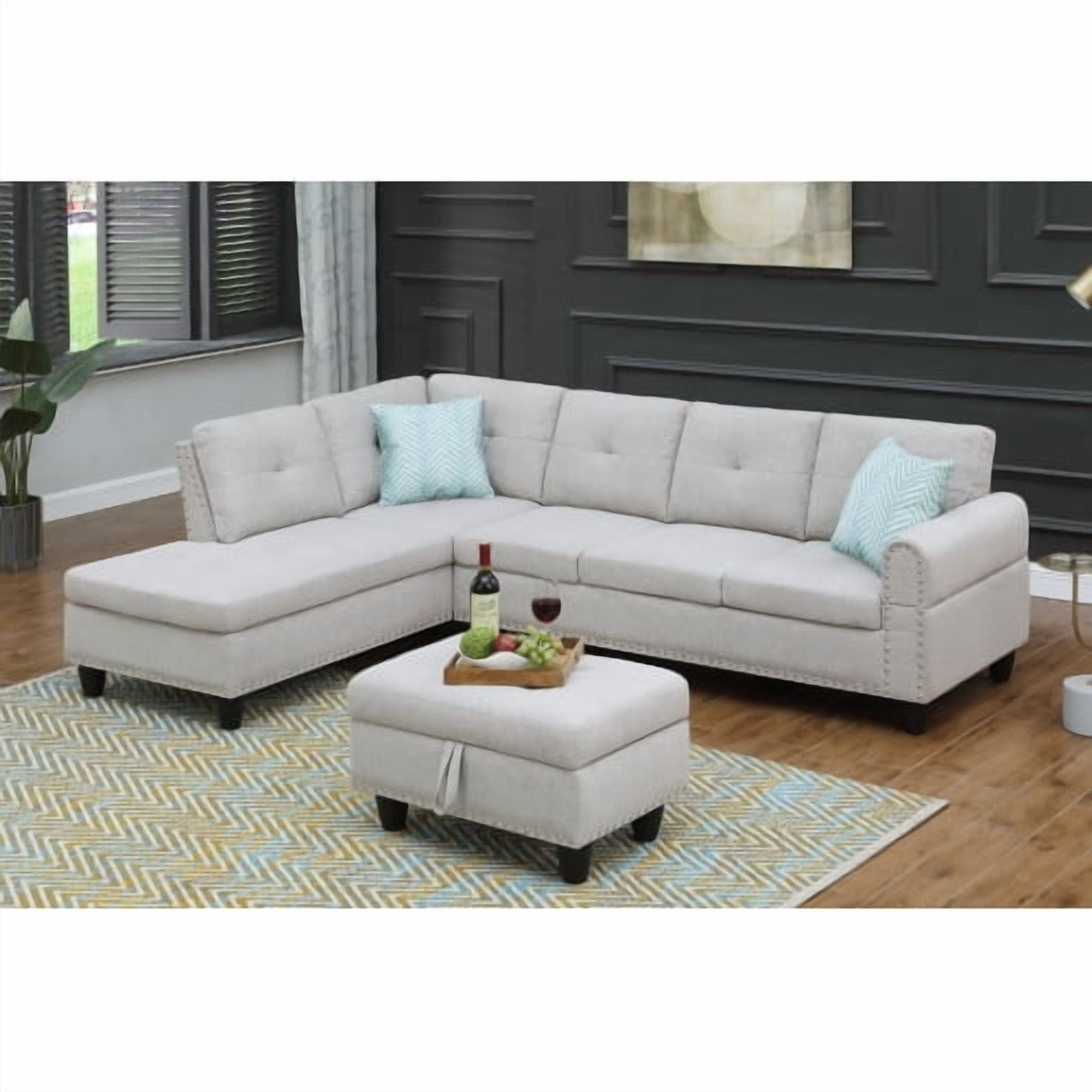 BSHTI 3-Seat Contemporary Linen L-Shaped Sectional Sofa with Reversible Storage Chaise, Storage Ottoman, Cup Holders for Living Room（Light Gray）