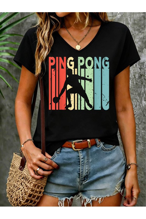 Retro Ping Pong Gift Vintage Ping Pong V Neck T-Shirt Cotton Women's V Neck Graphic Tee, Casual Short Sleeve Shirt,Vacation Outfit