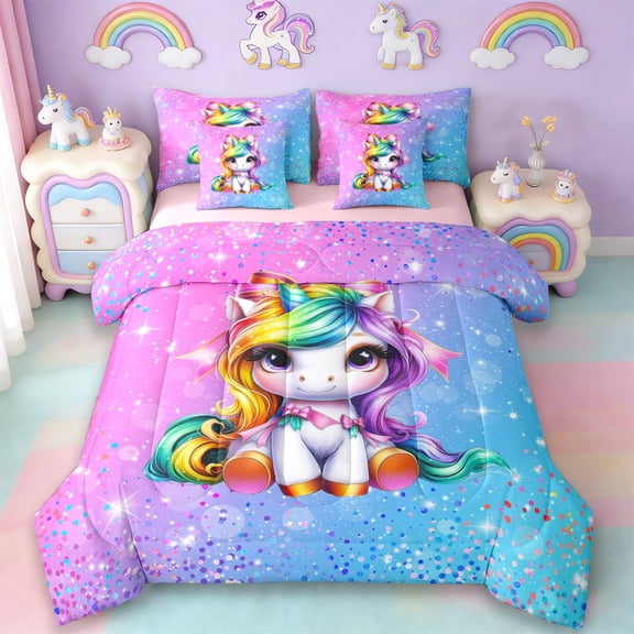 Erosebridal Girls Unicorn 7-Piece Twin Bedding Sets,Multicolor Glitter Print Bedding Comforter Set For Kids,Reversible Pink