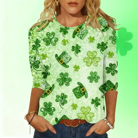 Puyaiuu St Patricks Day Shirt Women Plus Size Funny 3/4 Sleeve Tops for Women Cute Saints Tops Shamrock Shirts Fortunate Irish Shamrocks Outfit Blouses Gift