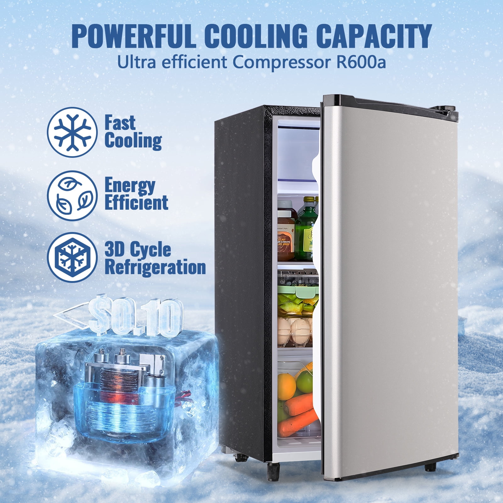 JIEJIA 3.2 Cu.ft. Mini Refrigerator with Top Freezer and 5 Temp Control Compact Small Fridge, Silver