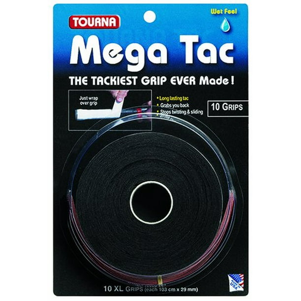 Mega Tac Tennis Racket Grip, Black, 10-Pack, 10 XL grips per package