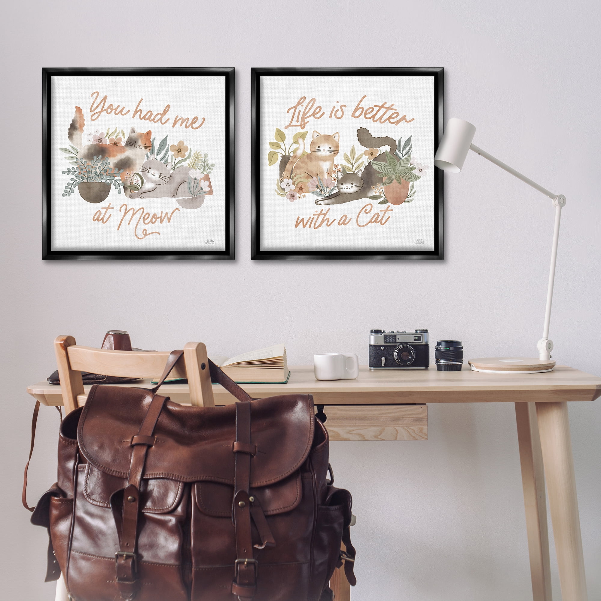 Stupell Industries Garden Friends Cat Phrases Animals Painting Black Floater Framed Canvas Art Print Wall Art, 25 x 25, Set of 2