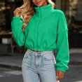 thumbnail image 6 of XRoczxe Women Stand Collar Full Zip Fleece Cropped Jacket Drawstring Hem Drop Shoulder Long Sleeve Casual Warm Polar Fleece Outerwear Multiple Solid Colors Mint Green, 6 of 6