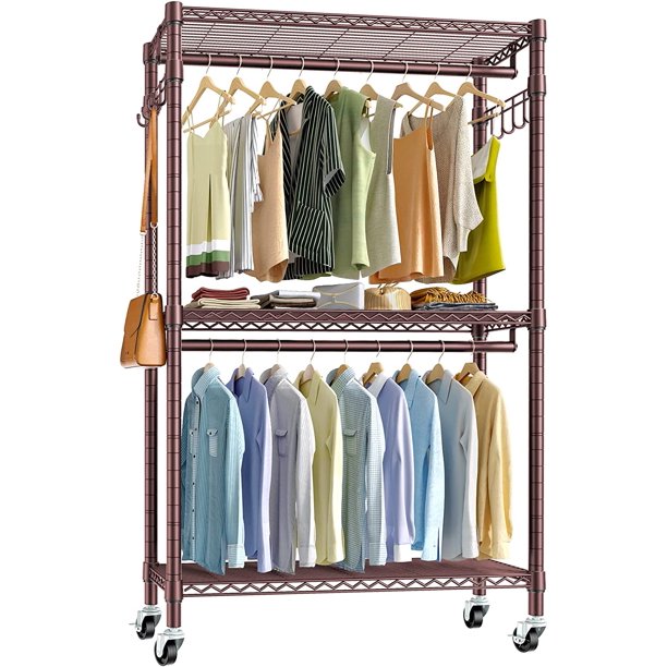 Rolling Clothes Rack for Hanging Clothes Heavy Duty Clothing Rack 3 Tiers Adjustable Metal Wire