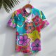 thumbnail image 3 of Camisa hawaiana de manga corta para hombre, informal, para playa, con botones, estampado floral en 3D de hojas tropicales, para vacaciones de verano, con solapa, 3 of 5