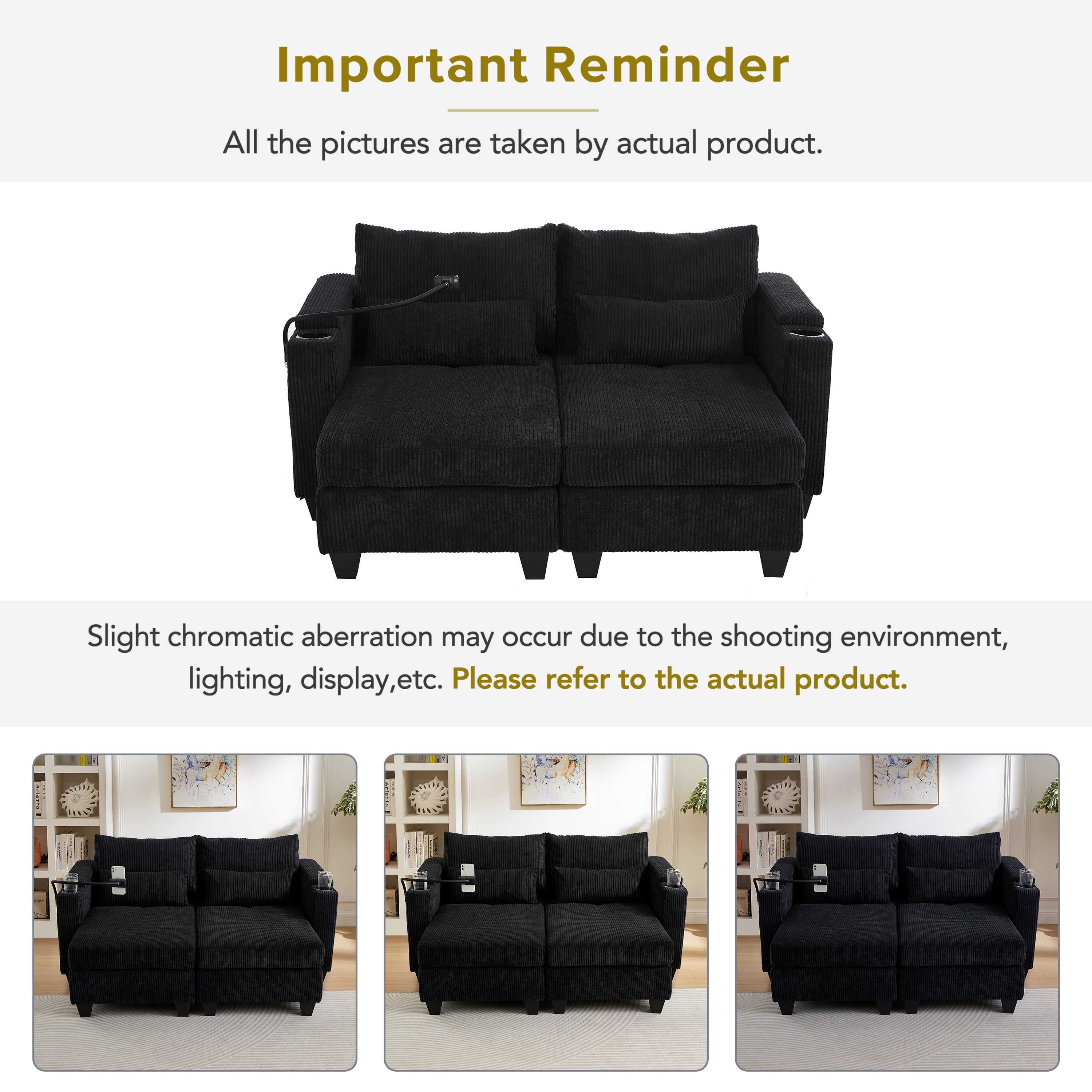 Euroco Convertible Chaise Lounge 63" Loveseat Sofa Sofa Bed Corduroy Sleeper Sofa with USB Ports , Two Cup Holders, A Phone Holder and Ample Storage Space for Living Room and Bedroom, Black