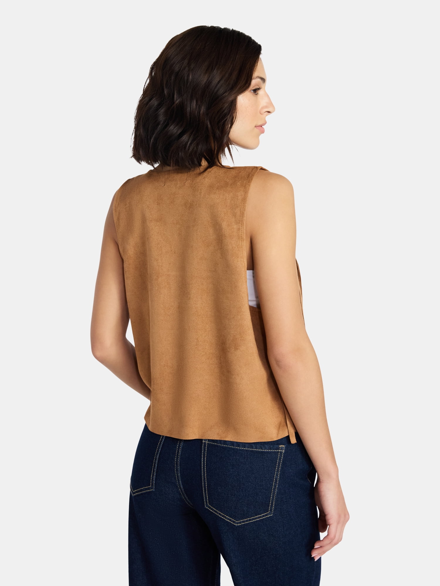 Madden NYC Women's Faux Suede Studded Fringe Vest, Khaki, Sizes S to XL