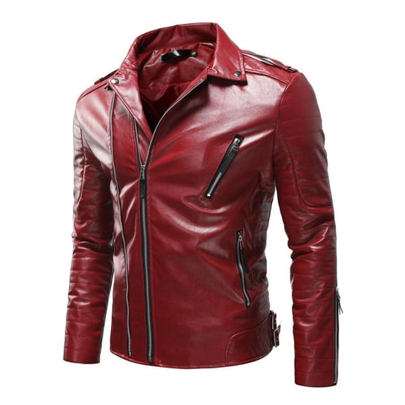 XFLWAM Men's PU Leather Jacket Causal Faux Leather Motorcycle Jacket Zipper Biker Coat Red 4XL