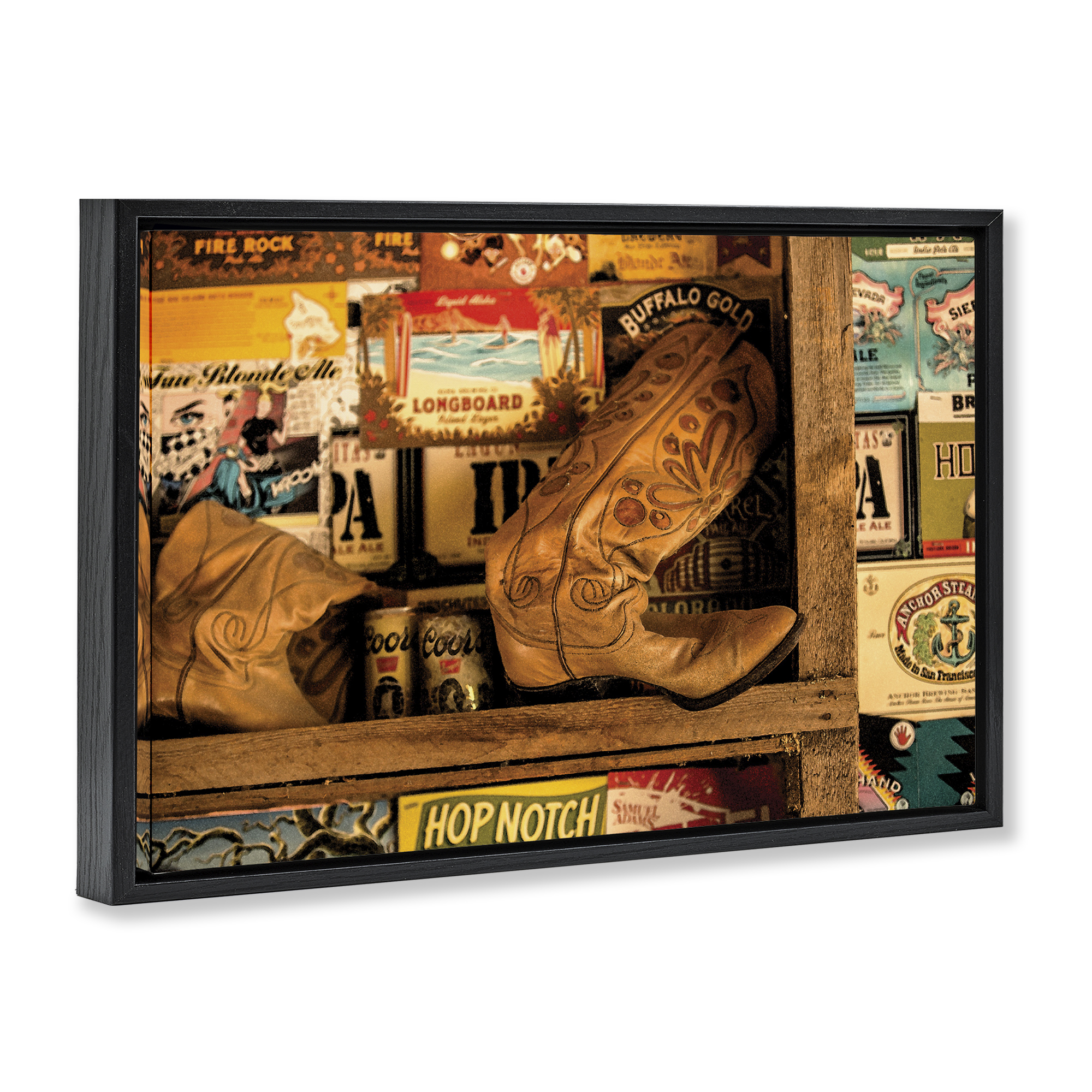 Stupell Industries Western Boots on Shelf Beauty & Fashion Painting Black Floater Framed Art Print Wall Art, 31 x 21