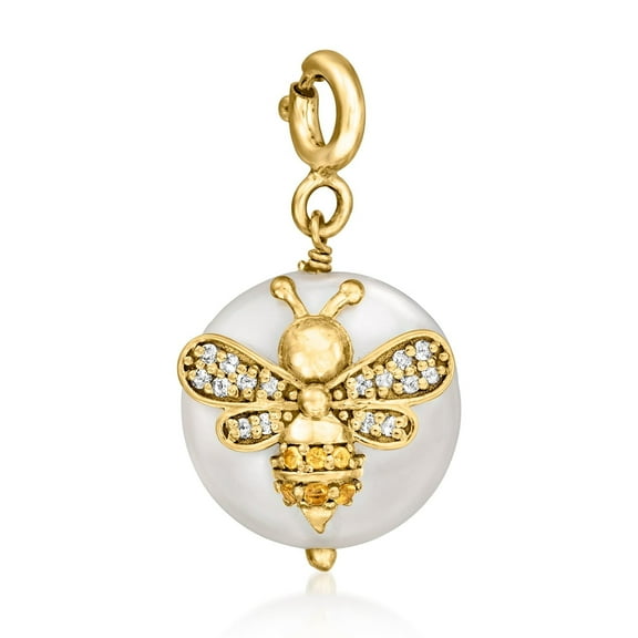 Ross-Simons 6-13mm Cultured Coin Pearl and .10 ct. t.w. White Topaz Bumblebee Charm With Citrine in 18kt Gold Over Sterling, Women's, Adult