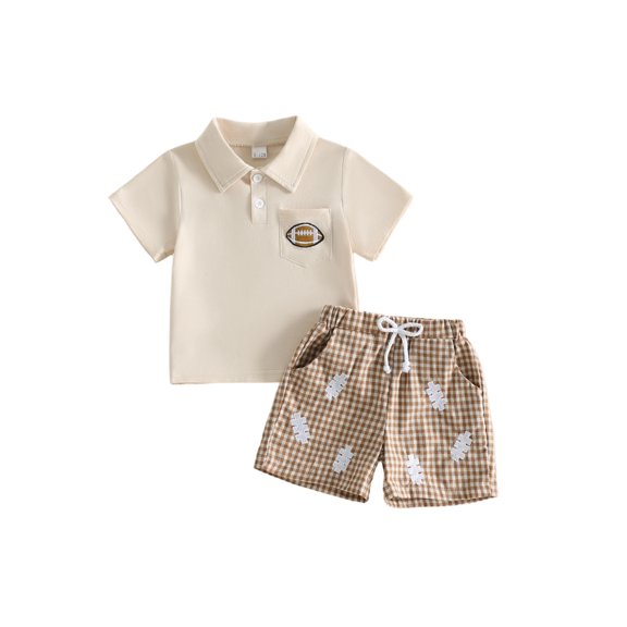 RUINIXCW Toddler Baby Boy Football Outfit Infant Baby Boy Summer Fall Clothes Rugby Embroidery Short Sleeve Lapel Shirt and Plaid Pockets Shorts 2 Pcs Set