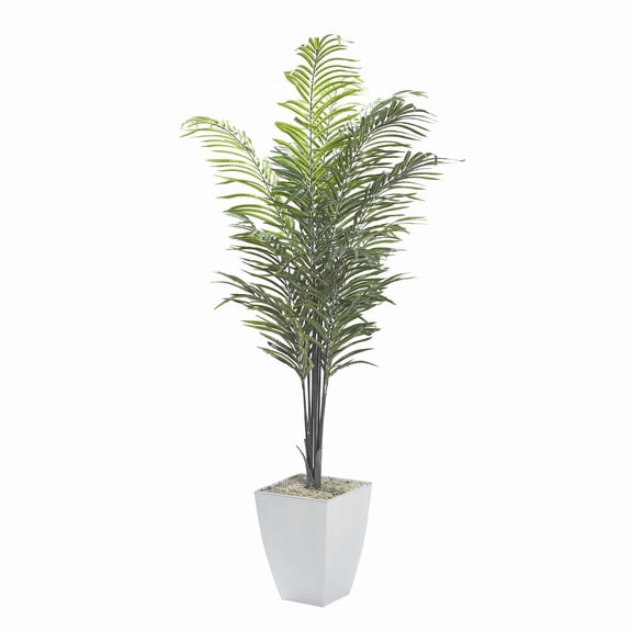 D & W Silks 7' Areca Palm in White Square Metal Planter