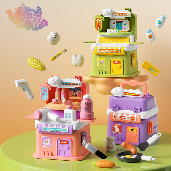 3 Styles Portable Foldable Dollhouse Pretend Playset, Doctor, Beauty Salon & Restaurant Themed Simulation Toy Box, Pretend Play Toy, Role Play Gift for Boys and Girls Ages 3 and Up