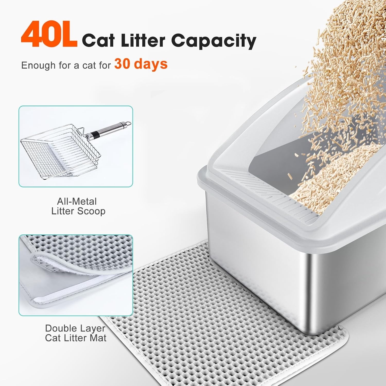 High Sided, Anti-Urine Leakage Stainless Steel Litter Box, XL Enclosed Cat Litter Boxes with Lid for Big Cats, Non-Stick Bottom, Includes Litter Mat & Metal Scoop