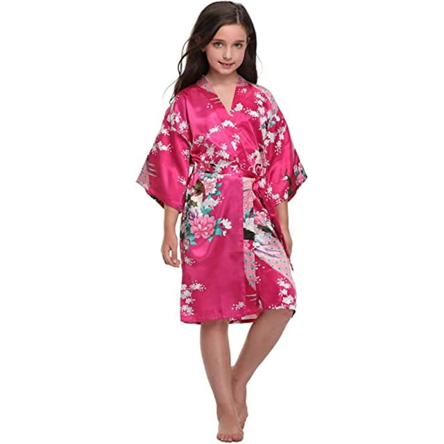 Peignoirs Fille Paon Floral et Couleur Unie Soie Satin Fille d'Honneur Cadeau de Mariage Fête Kimono Peignoir Nuisette