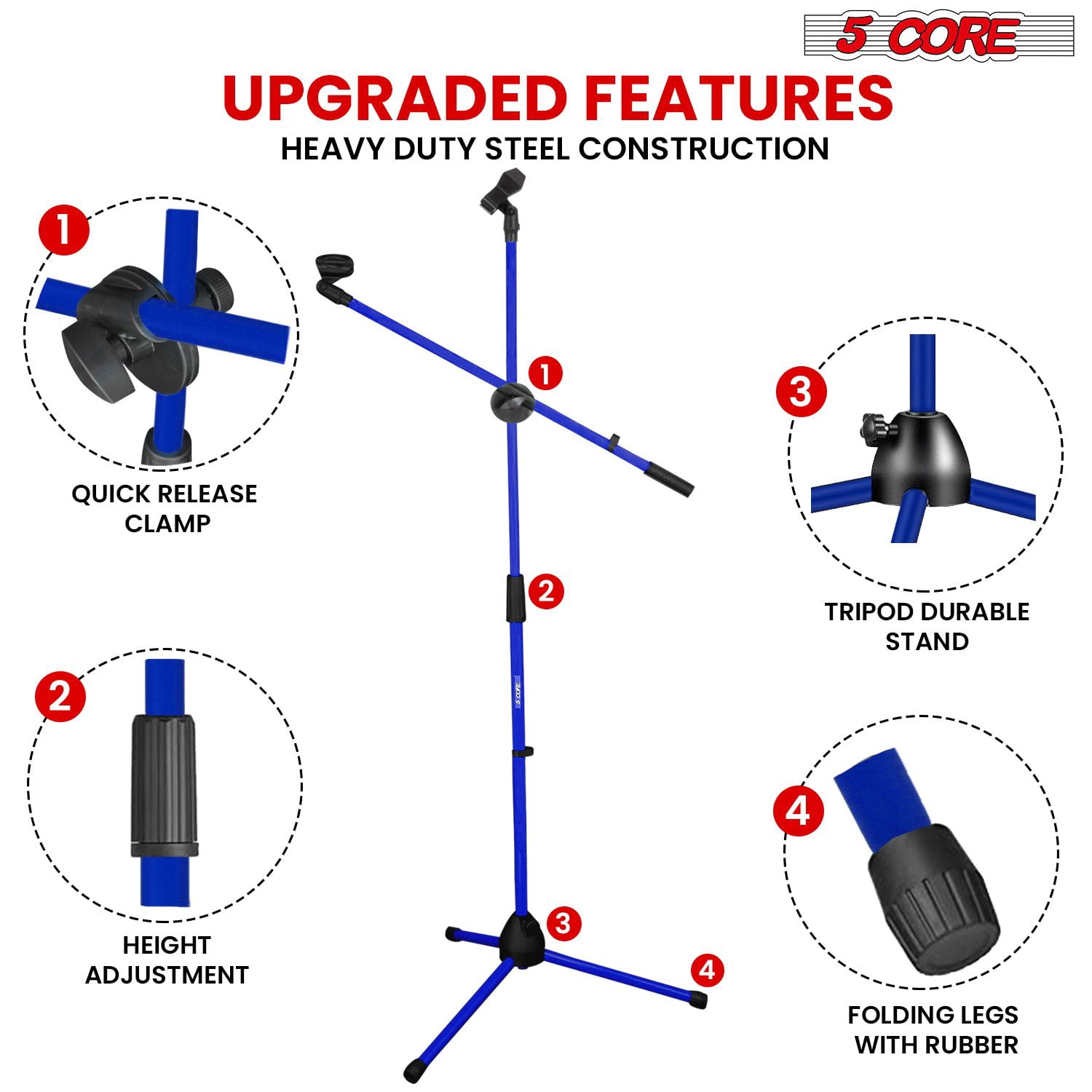 Adjustable Microphone Stand Tripod with Telescoping Boom Arm, Dual Mic Holder, 31.5 to 63 Inches Height Adjustable, Heavy Duty Metal Tripod Base for Recording, Live Sound, Stage Performance
