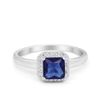 Halo Princess Simulated Blue Sapphire CZ Wedding Ring 925 Sterling Silver Size 7