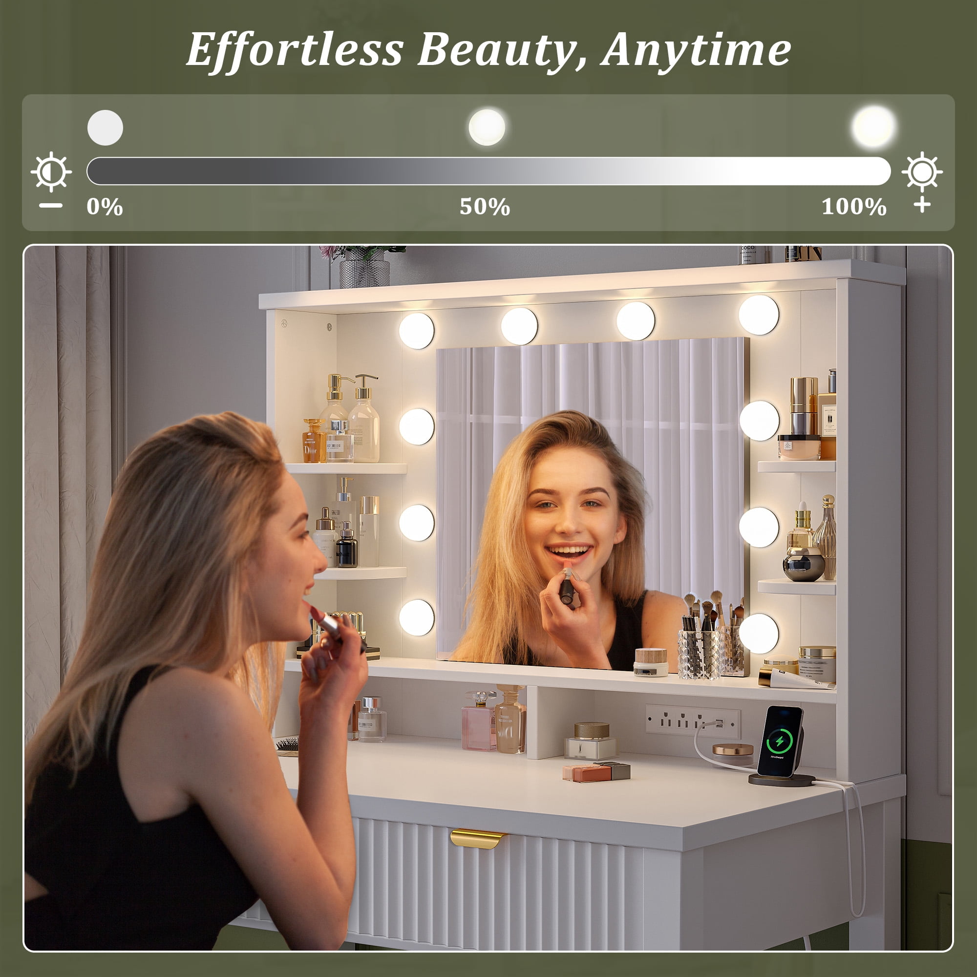 Vanity Desk with Storage Stool Fluted Dressing Table with Mirror and 3-Color Lights Vanity with 2 Large Drawers & Charging Station, White