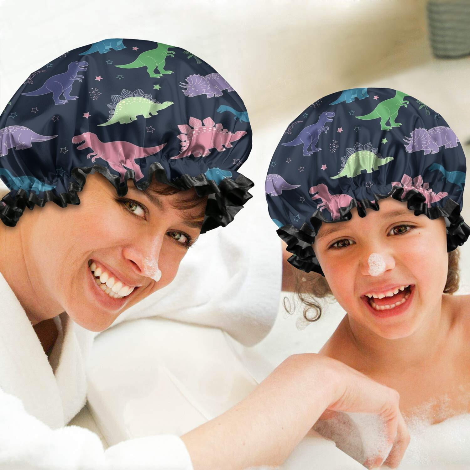 Shower Caps,Neon Outline Dinosaurs Vibrant Waterproof Shower Cap for Women 4 Pieces,Double Reusable Hair Cover for Shower PEVA Elastic Stretch Hem