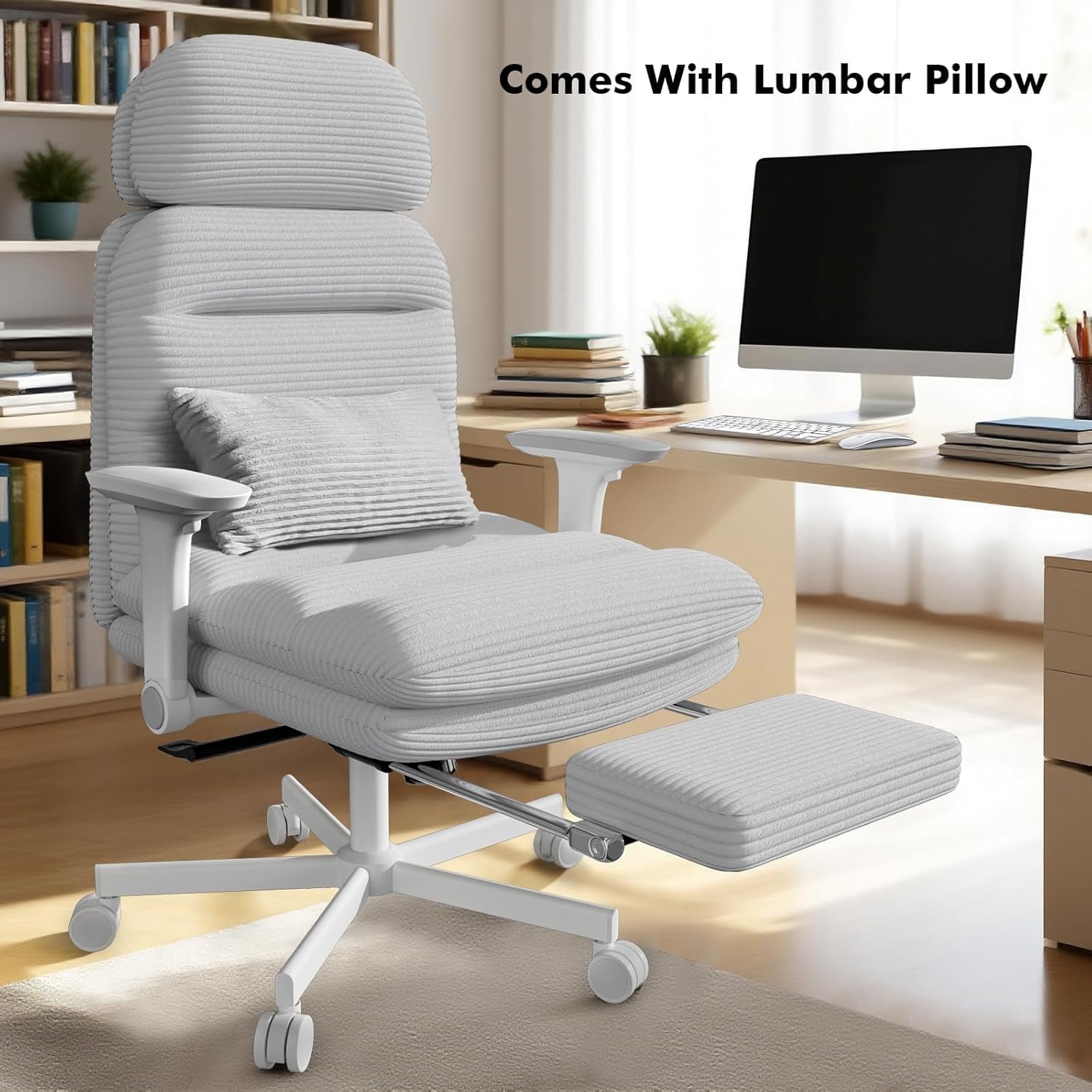 iooHug Cross Legged Office Chair with Footrest & 4D Flip-up Armrests, Criss Cross Home Desk Chair, Ergonomic Recliner with Lumbar Pillow, Corduroy Executive Chair with Adjustable Headrest, Gray