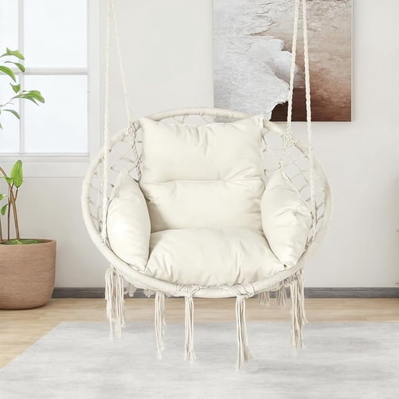 Hammock Hanging Rope Swing Chair with Cushion - Max 330 Lbs, Sturdy Hammock Swinging Chair for Bedroom, Porch, Balcony -White (White1)
