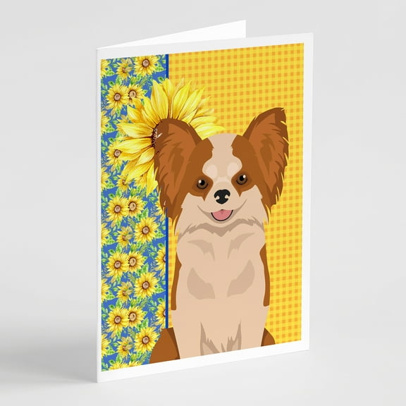 Summer Sunflowers Longhaired Red and White Chihuahua Greeting Cards and Envelopes Pack of 8 7 in x 5 in