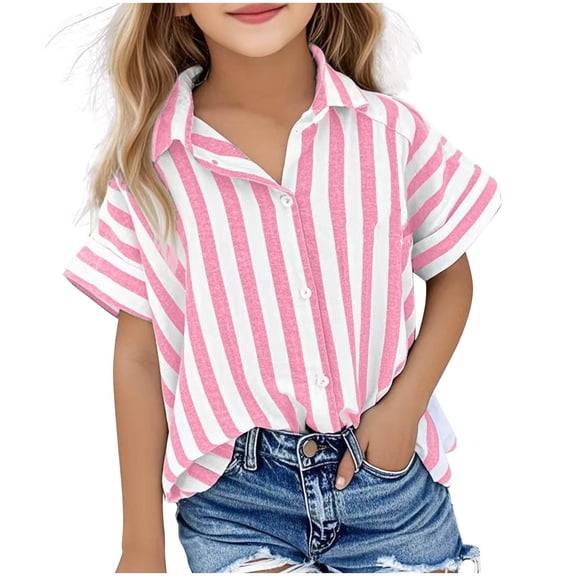 GiLiling Button Down Shirt Girls Cotton Short Sleeve Blouse V Neck Collared Button Up Summer Beach Top (Pink, 9-10 Years)