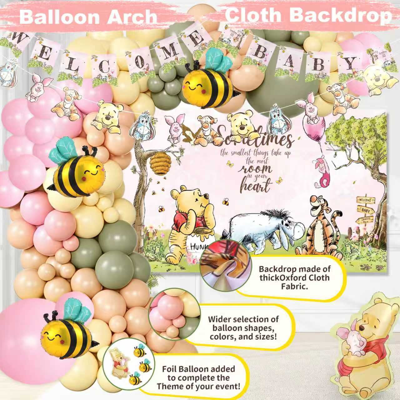 271 Pc Classic Winnie the Pooh Baby Shower Decorations for Girl, Pink Vintage Pooh Bear Balloon Arch Decoration Kit with Backdrop, Banner, Baby Boxes, Sash and Table Decorations