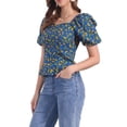 thumbnail image 4 of BLUSA FLORAL PARA MUJER INSPIRADA CHIC CON ESCOTE CUADRADO Y MANGAS ABULLONADAS, ESPALDA ELÁSTICA, TOP CASUAL EN AZUL OSCURO TAMAÑO S, 4 of 6