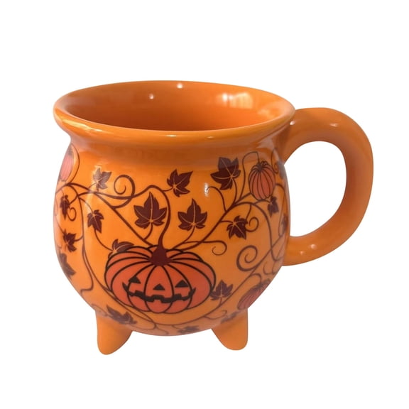 Orange Pumpkin Vine Witch Cauldron Ceramic Mug, Food Safe Halloween Coffee Cup, Novelty Seasonal Drinkware Gift for Kitchen Living Room