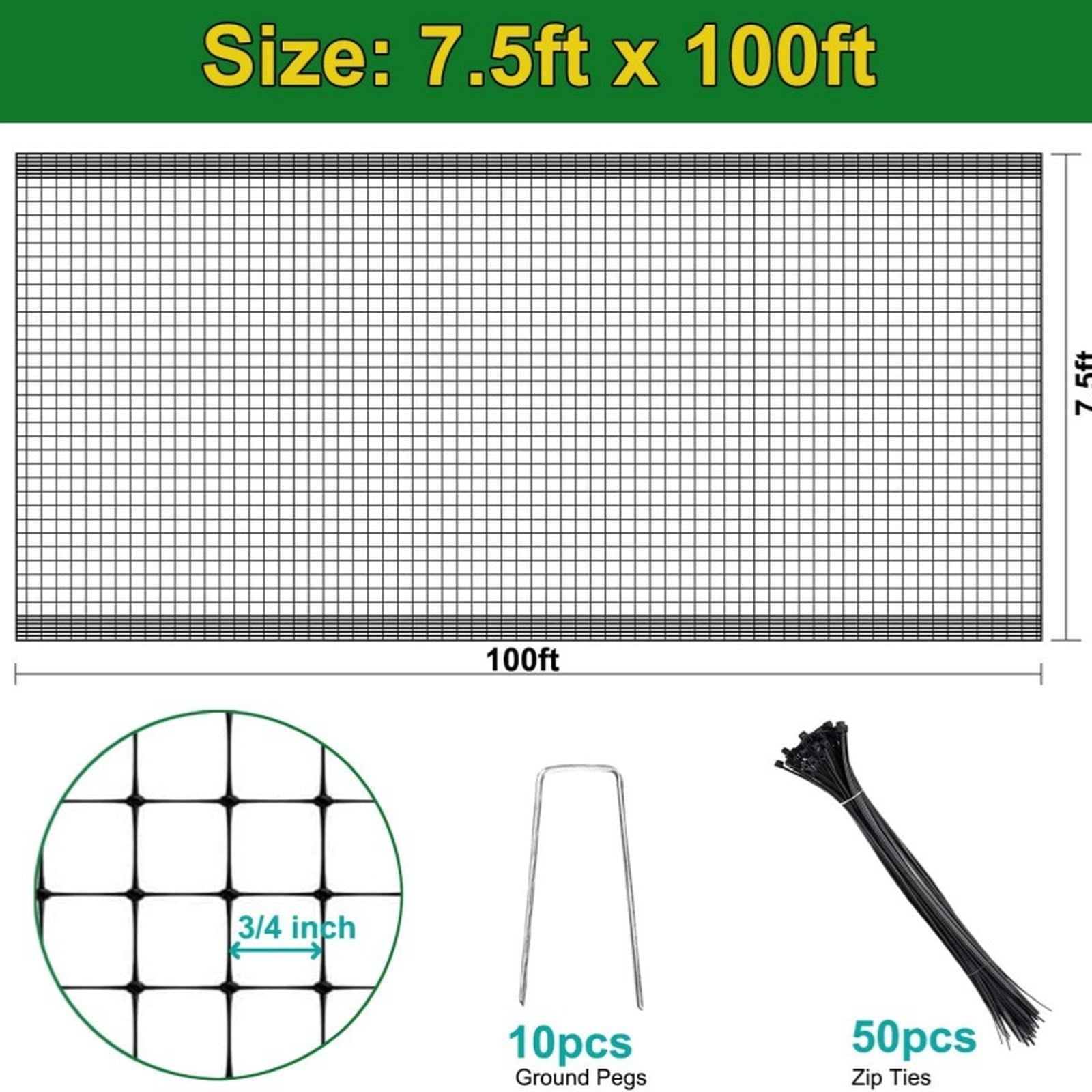 Deer Fence for Garden, 7X100 Ft Netting for Garden Protection, 50 Pc Small Black Zip Ties 10 Pc Ground Stakes, Garden Fencing Animal Barrier