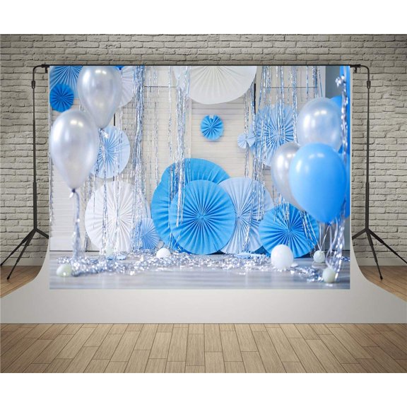 ABPHOTO Polyester 7x5ft Blue Balloon Backdrop For 1st Birthday Circle Fan Pinwheel Baby Party Photo Props