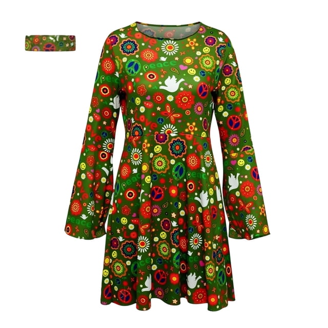 Ensemble de Cour pour Usage Quotidien Élégant Robe Hippie Disco des Années 70 avec Foulard et Robe Imprimée