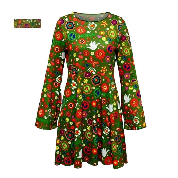 for Women 70s Hippie Disco Dress with Headscarf Print Two Piece Set Contemporary Party Attire