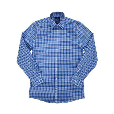 Mens Tonal Blue Plaid Fitted Travel Stretch Broadcloth Dress
