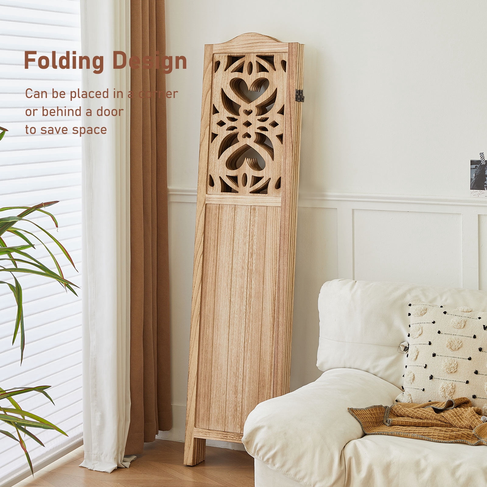 Aletheiawu 4 Panel Wood Carved Room Divider and Folding Screen, No Installation Required，Light Brown