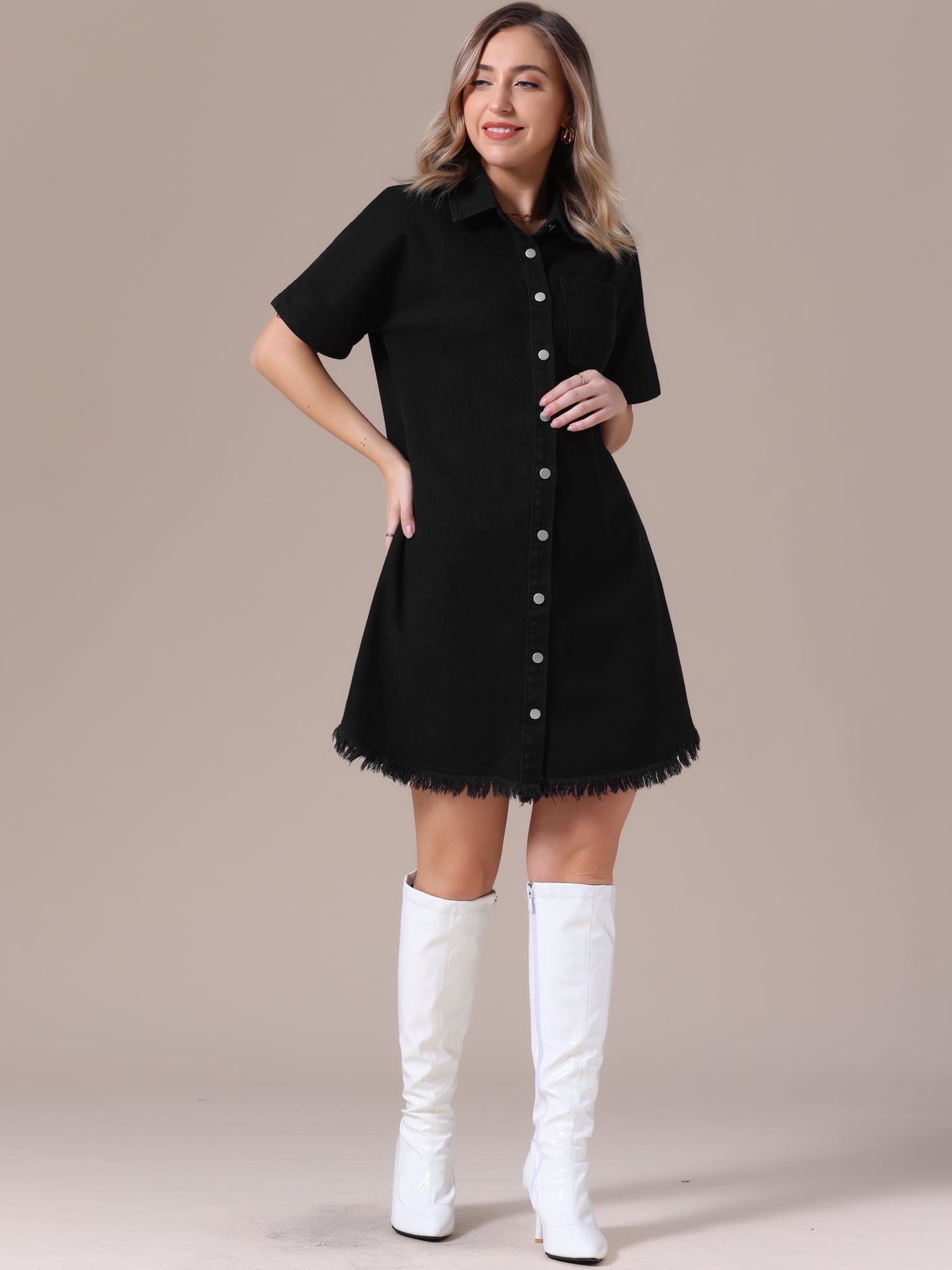 DARING DIVA Short Sleeve Denim Collared Button Front Jean Dress M Black