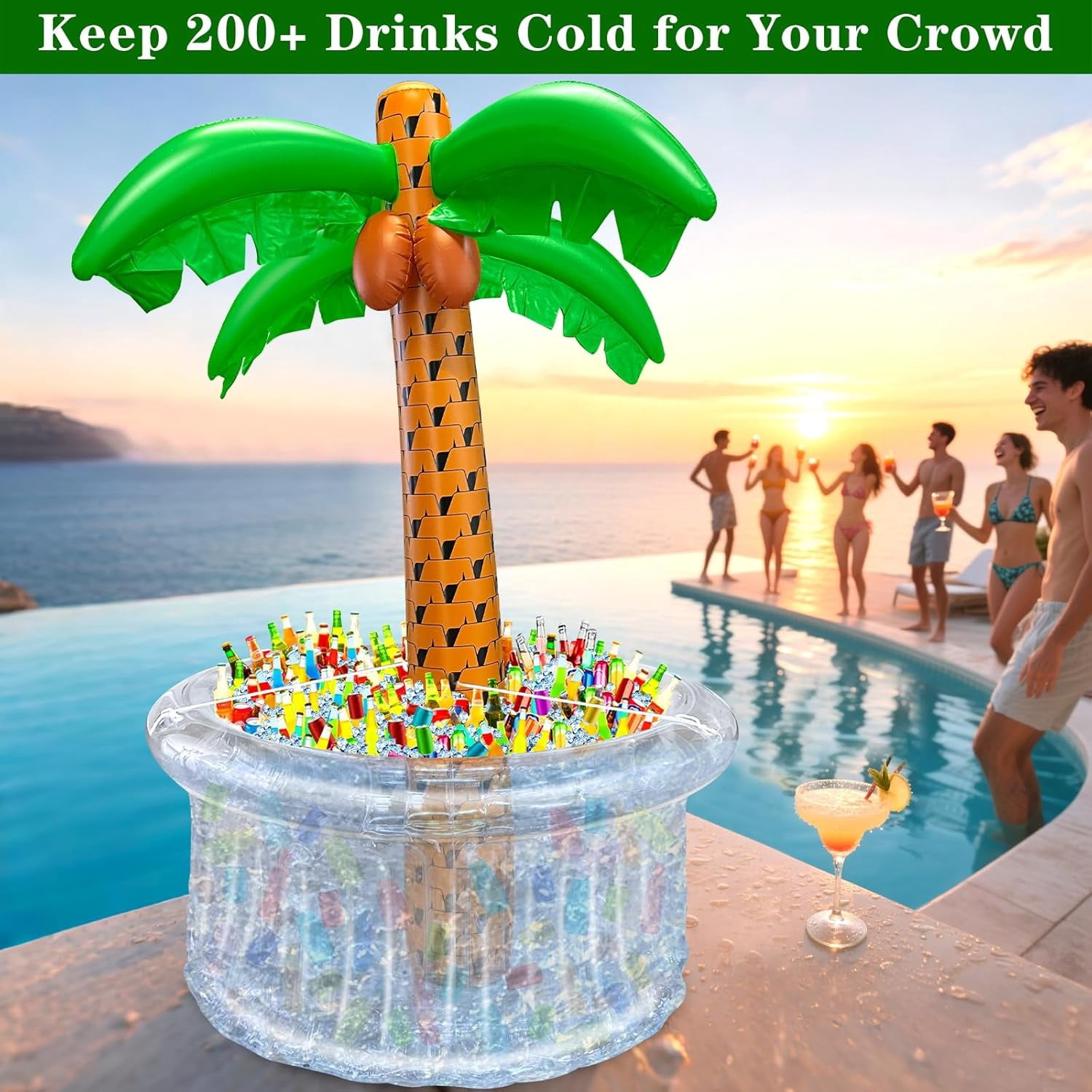 DEA  72" Inflatable Palm Tree Cooler, 200+ Drinks Super Large Capacity, Pool Party Decoration, Luau Party Decor, Beach Hawaiian Birthday Party Supplies Tropical Themed Summer Outdoor Drink Cooler