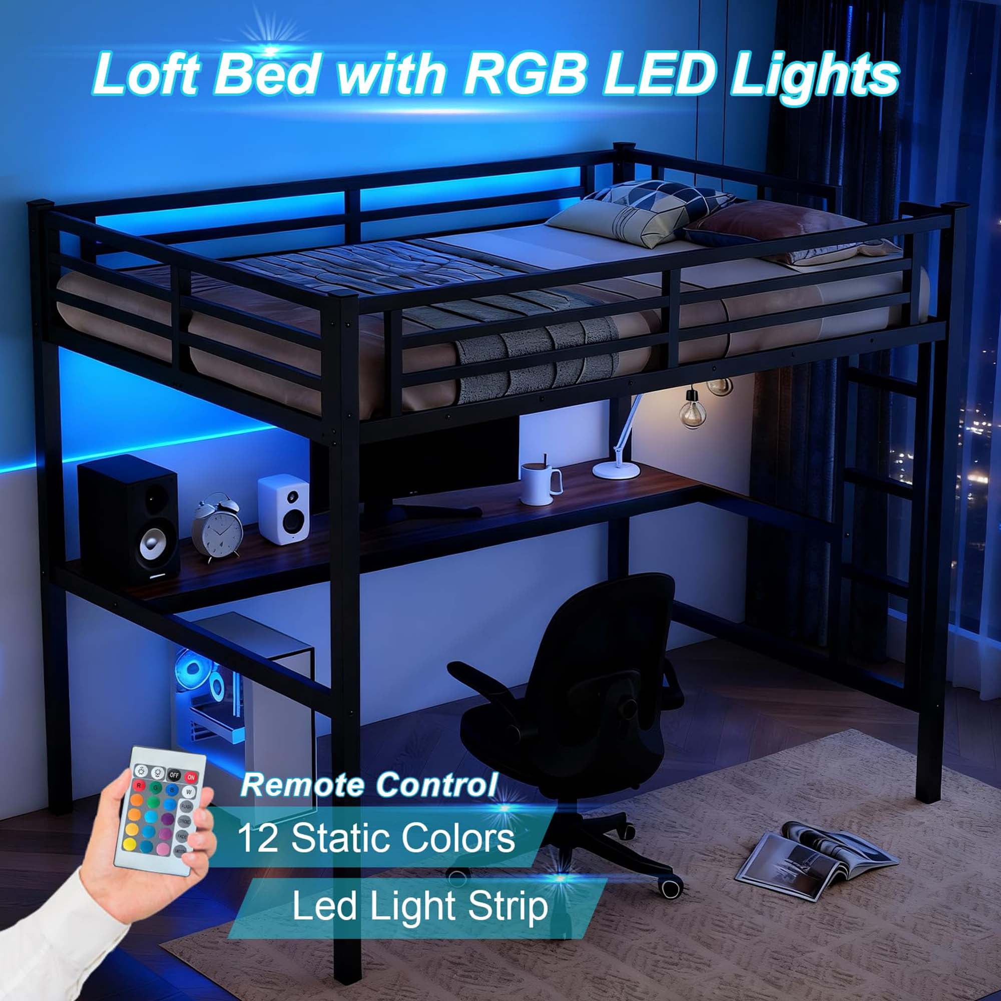 Miniyam Twin XL Metal Loft Bed Frame with Gaming-Friendly Desk & LED Light, Black