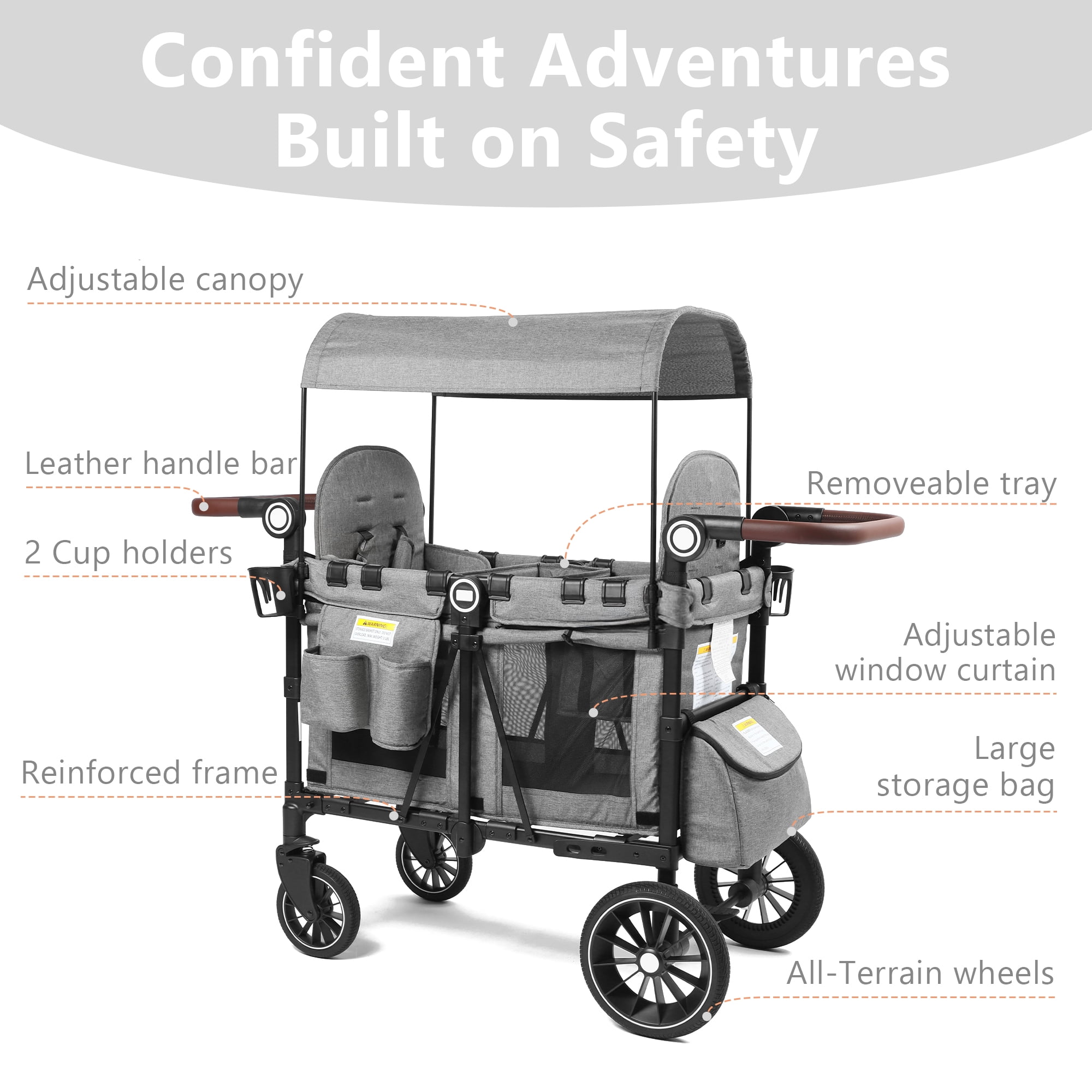 AILEEKISS Stroller Wagon for 2 Toddlers with Canopy, All-Terrain Baby Wagon Stroller,55 Pounds, Grey