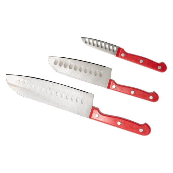 Knife Set With Red Handle - Set of 3 Chef Cutlery Knifes Santuko, Utility and Paring Knife.