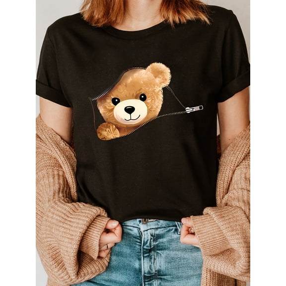 Cute Bear Print T-shirt, Cute Teddy Bear Peeking Out Zipper T‑Shirt, Short Sleeve Crewneck Casual Tee for Women