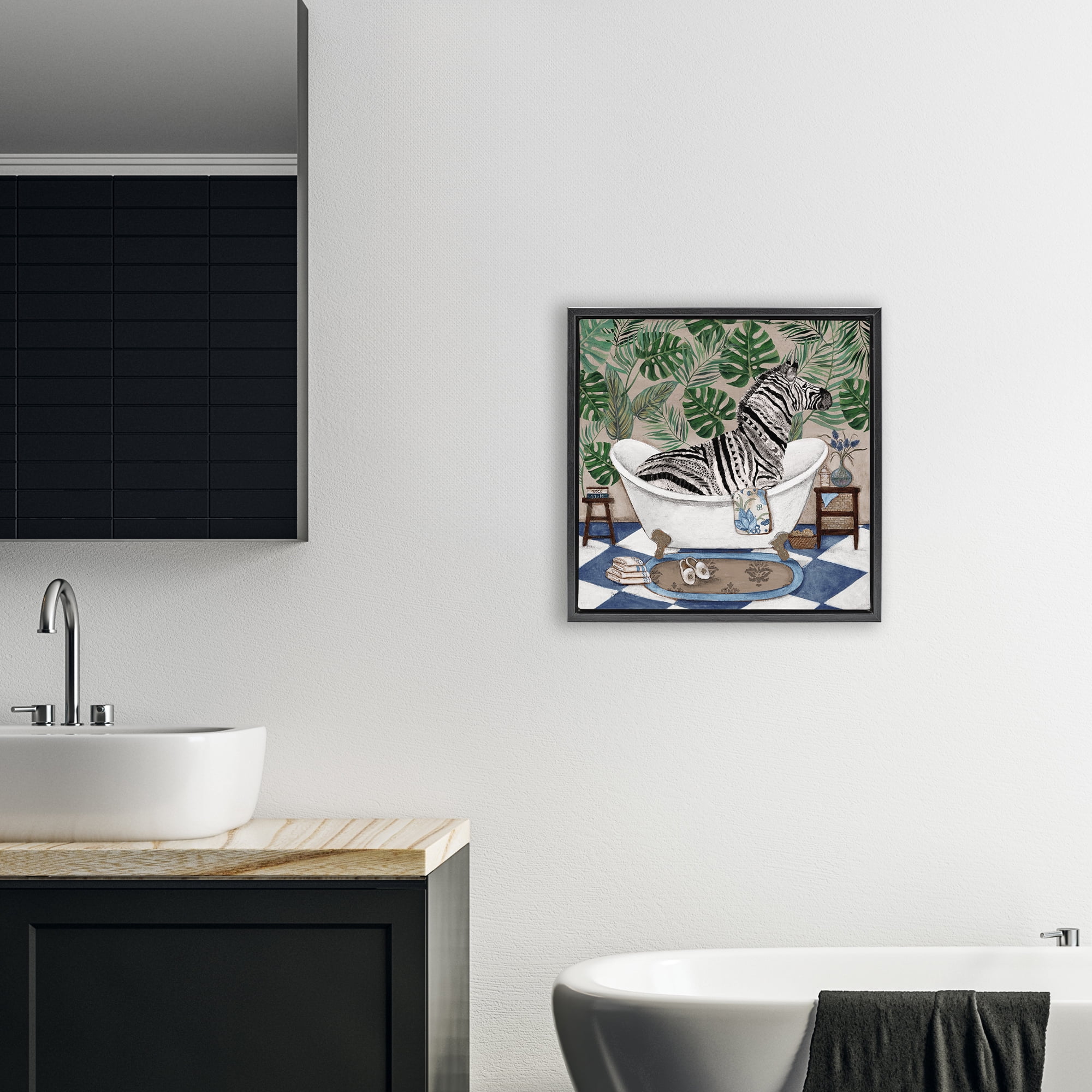 Stupell Industries Zebra in Tropical Bathtub Black Framed Floater Canvas Wall Art, design by Janet Tava