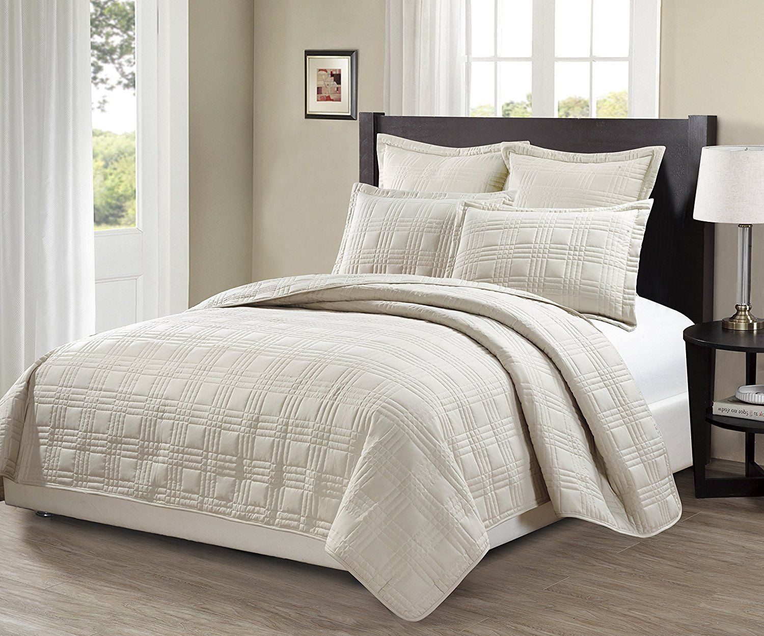 Fancy Linen 3pc Full/Queen Oversize Geo Quilted Embroidery Solid Beige