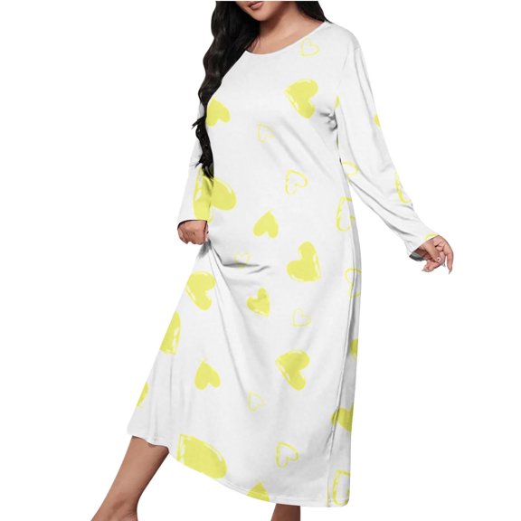 Womens Long Sleeve Nightgown Casual Crewneck Heart Sleep Tshirts Dress Sleepwear Soft Pullover Nightdress Yellow, 5XL