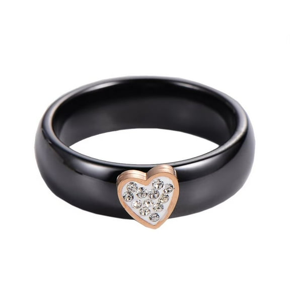 HIJONES Women's Ceramic Classic Love Heart Cubic Zirconia Inlay Ring Smooth Engagement Wedding Band Rose Gold Size 7