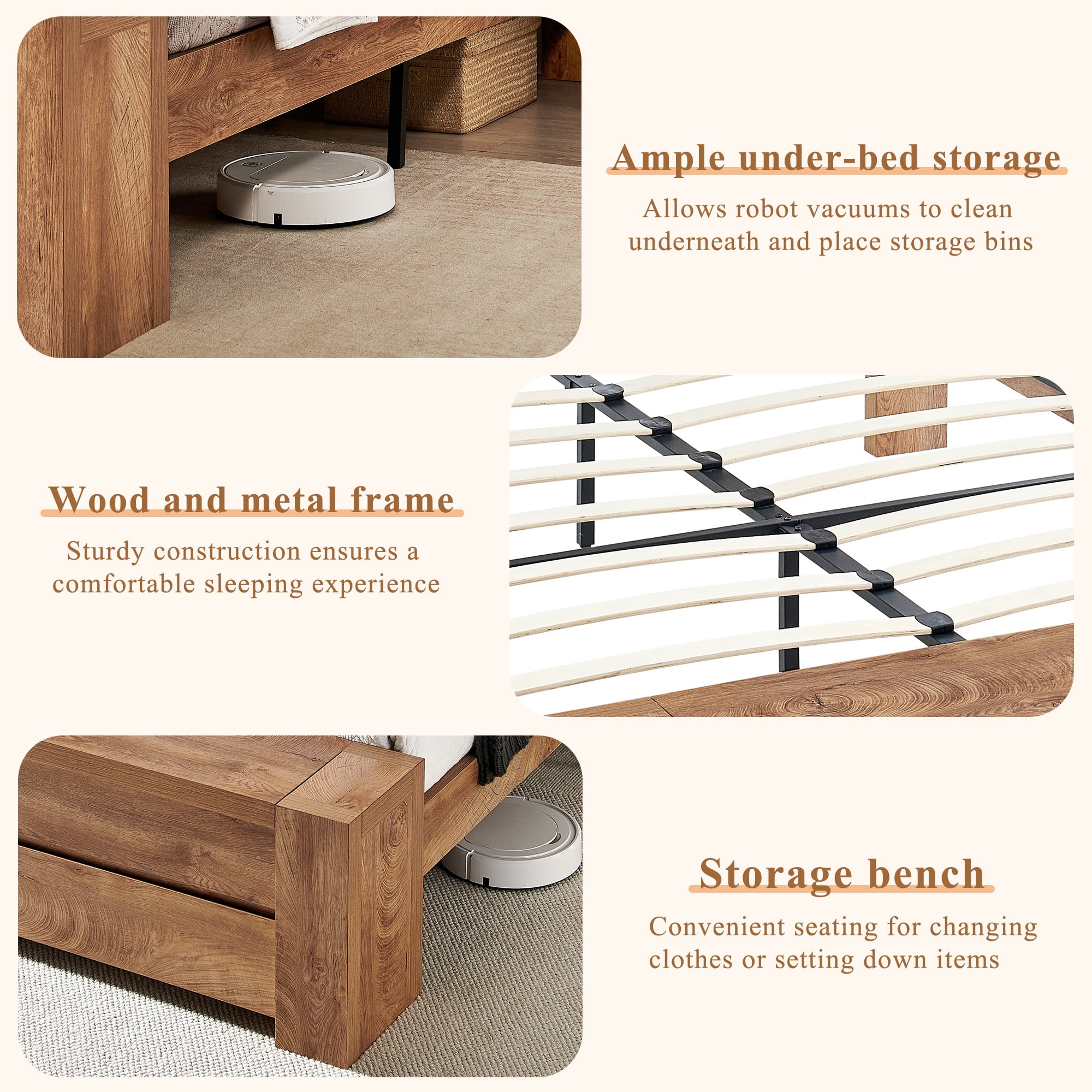 KeyWhat Modern Queen Size Storage Bed Frame with Panel Headboard, Footboard Storage Bench, Built-In Drawers, Lift-Up Compartments, No Box Spring Needed, Light Tree Knot
