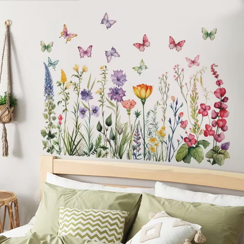 Watercolor Floral Wall Decals, Garden Flowers and Butterflies Wall Stickers, Pink Purple Yellow Nursery Room Decorations