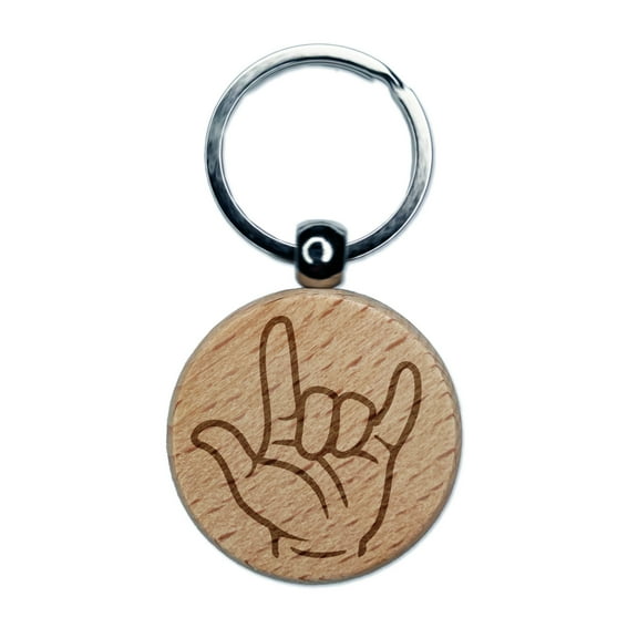 I Love You Hand Sign Language Round Keychain Charm Tag - Engraved Wood